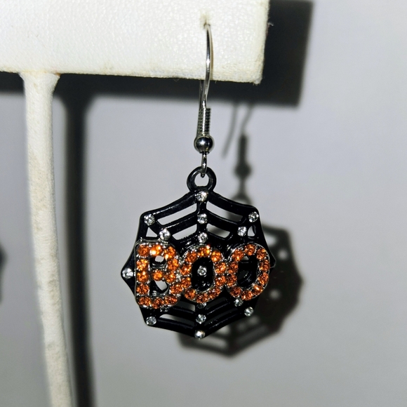 Halloween Spider Web Earrings - Black and Orange - Picture 2 of 7